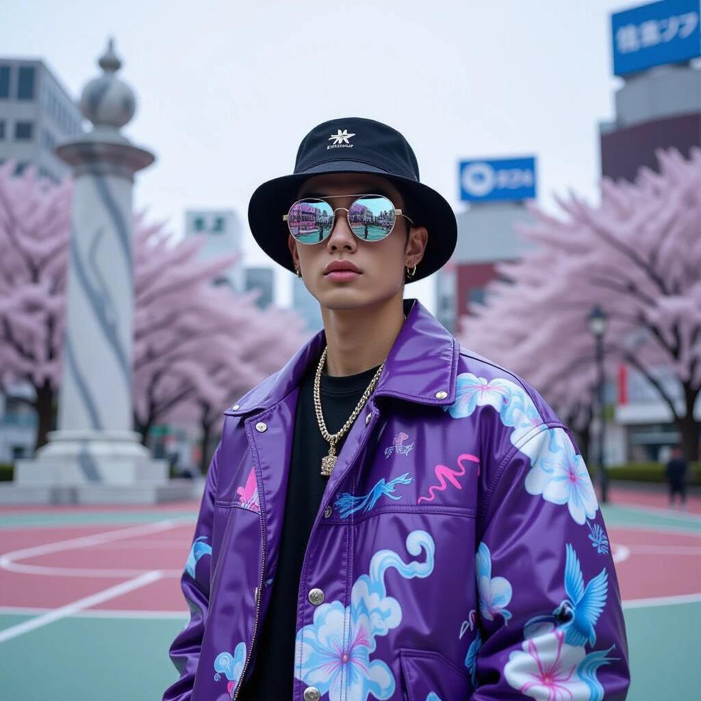 Photo editorial of stylish person in a vibrant illustrated streetwear puffy leather jacket. Person wears mirrored sunglasses and a creative bucket hat. Background includes large marble structures and white purple trees in a basketball court. Surrounding elements include illustrations of smoke, flames, birds, and flowers with fog and graphic lines.
