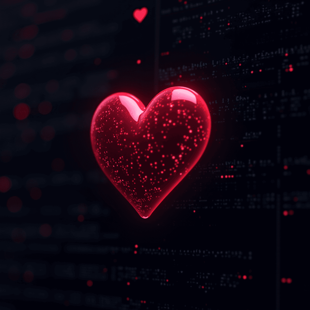 A glowing red heart is surrounded by digital code, symbolizing a blend of emotion and technology.