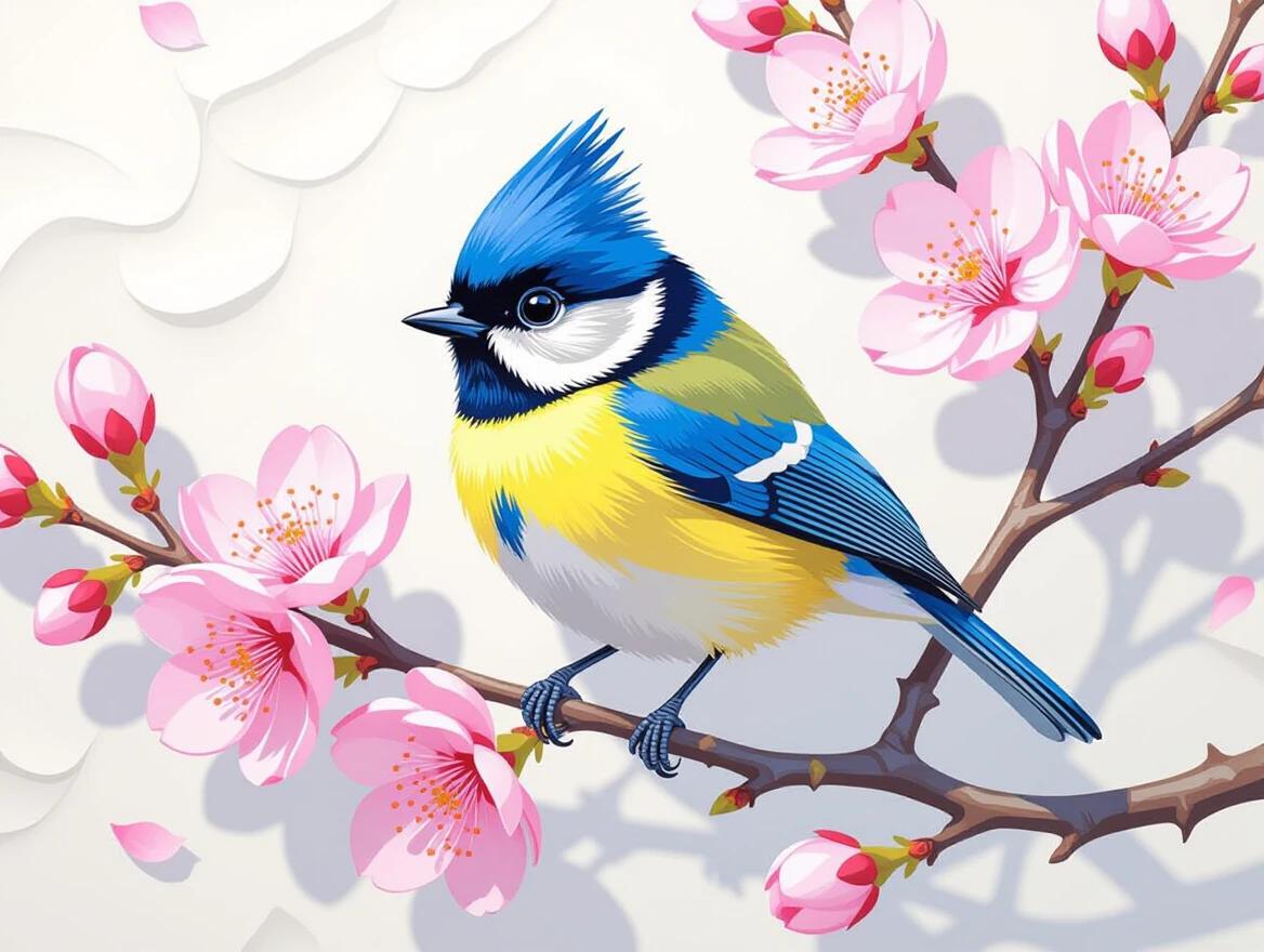 Pointillist portrait of a blue tufted tit mouse bird with vivid azure crown lemon-yellow chest delicate black eye stripe perched on a blooming cherry blossom branch. Soft pink petals frame the scene. Composed with colored dots, the bird casts a gentle shadow on a white textured backdrop infused with cool morning light. The style balances natural realism and airy elegance evoking dawn's quiet grace.