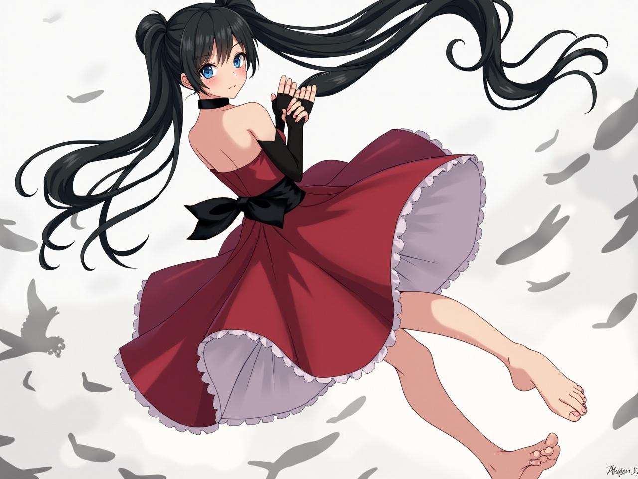 This artwork features a girl with long black twintails, looking back at the viewer while wearing a striking red dress. She has a black sash tied around her waist, adding contrast to her dress. The character stands barefoot, showcasing her bare back and shoulders, with her feet delicately positioned in the air. Her blue eyes capture attention, and she sports a simple black choker. The background is minimalist, emphasizing the character's beauty and style. This piece conveys elegance and youth through its gentle colors and composition.