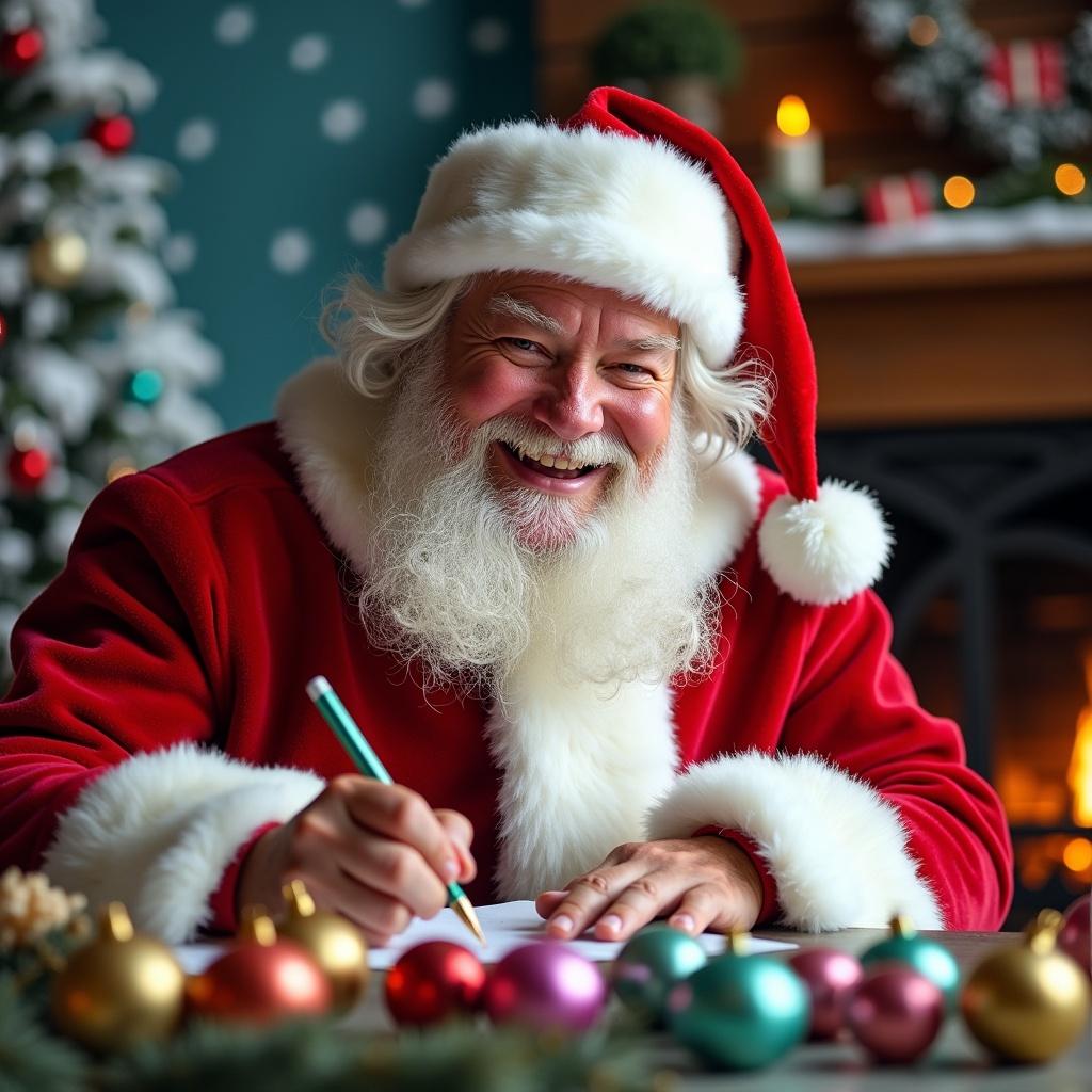 Santa Claus is writing names on colorful baubles. The background showcases a snowy winter scene. The area is decorated with a Christmas tree and a cozy fireplace. The mood is festive and joyful. The focus is on Santa's actions and the beautiful ornaments.