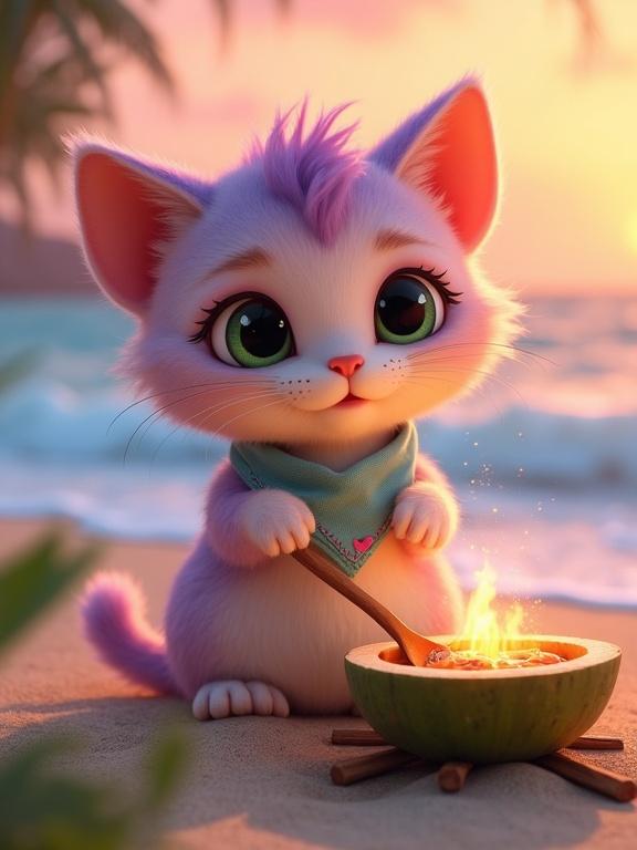 Fluffy anthropomorphic kitten with pastel pink and lavender fur and large green eyes. Oversized head and tiny paws. Sits on a tropical beach at sunset. Uses wooden spoon to stir fish soup in coconut over a small campfire. Wears light blue bandana with stitched pink heart. Cozy atmosphere with soft rounded features.