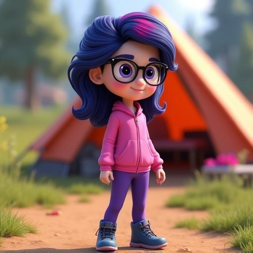 Pixar style animated girl with glasses and navy-blue hair standing outside a tent at summer camp. She wears a pink tracksuit top and purple pants with navy hiking boots.