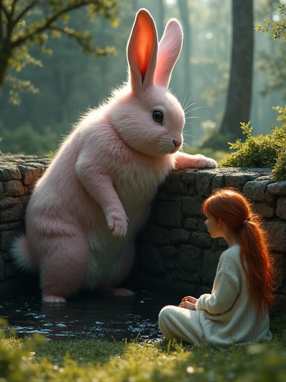 Dramatic scene with human-sized pink rabbit at an old stone well. Rabbit prepares to leap into the well. Young woman sits beside the well wearing a cozy white sweater. Deep dark well with moss-covered walls and still water. Forest background with soft sunlight and shadows. Emotional intense atmosphere. Hyper-realistic style.