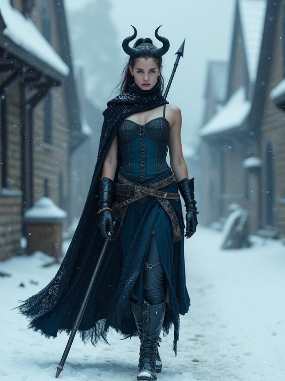 A beautiful young devil woman with athletic body wearing a sleeveless corset dress. She has long black ponytail and curled black horns. Her skin is brilliant blue and her eyes are golden. She carries a heavy lance wrapped in black cloth. The woman walks through a snowy medieval village wearing a heavy black cape over her shoulders. Snow covers the ground and buildings. A fantasy aesthetic is evident in the scene.