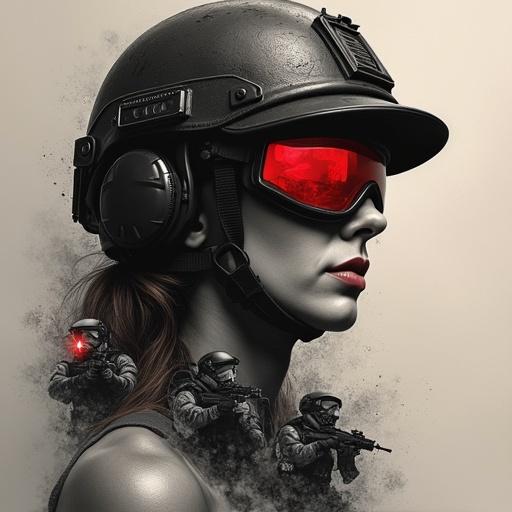 Artistic composition for a tattoo showcasing a sensual Valkyrie wearing a modern military tactical helmet with a night vision visor. Below the chest, the image blends into mist revealing silhouettes of equipped special operations soldiers with highlighted red dots from their weapons and illuminated night vision lenses.