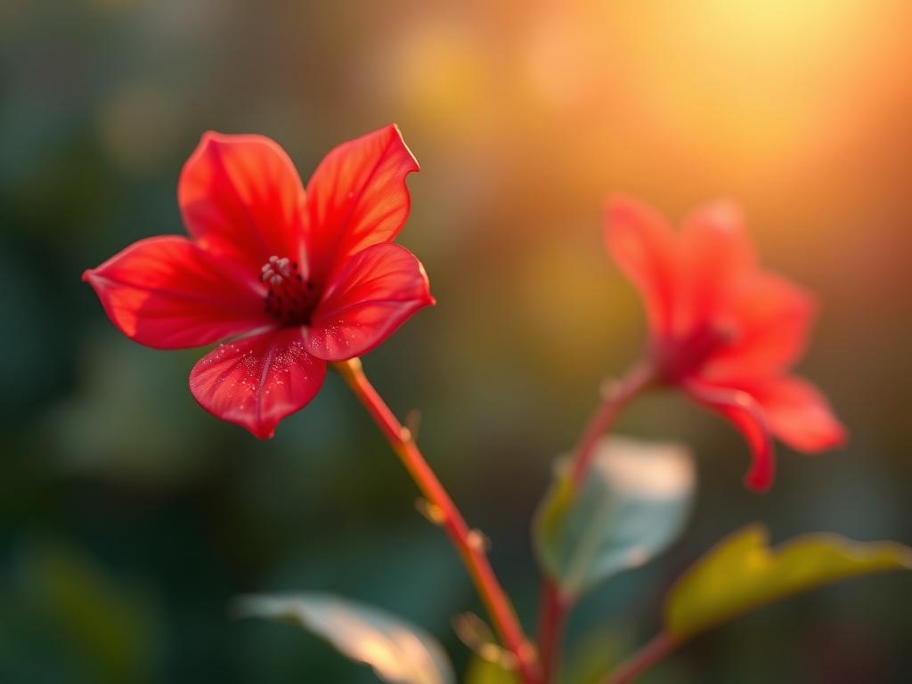 A close-up photograph capturing two vibrant red flowers against a dreamy sunlit background, with bokeh effect enhancing the soft, serene atmosphere.