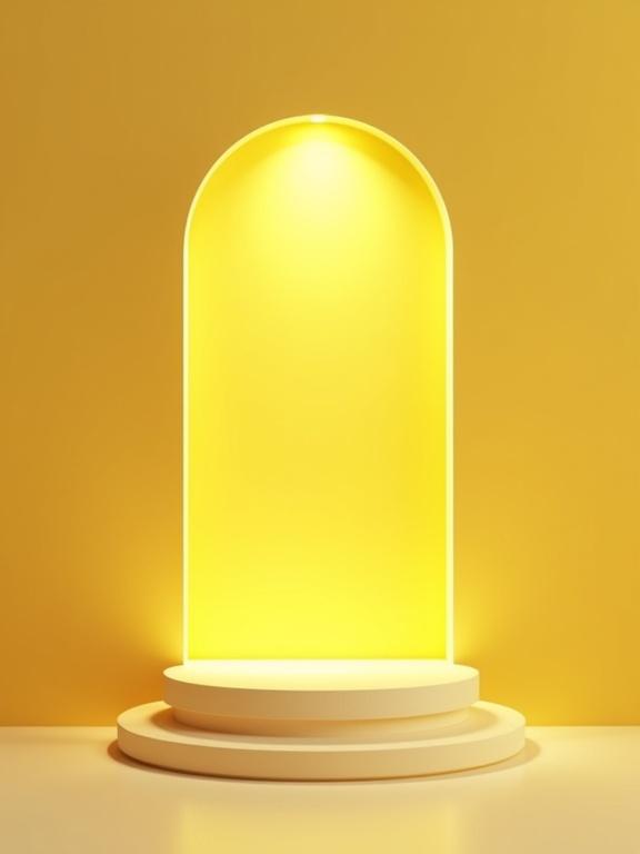 Minimalistic modern light yellow backdrop design with illuminated archway and round platform at the bottom