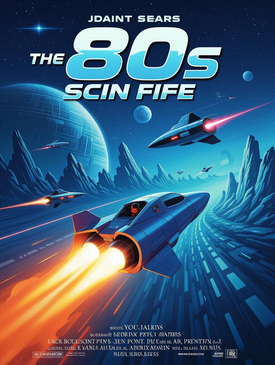 80s Sci-fi movie poster featuring a space theme. Includes rocket ships and vibrant colors. References retro sci-fi aesthetics. Evokes nostalgia for the 1980s.