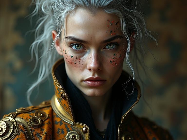 Close-up portrait of a character combining historical and futuristic styles. Character wears a Renaissance jacket with circuitry and gears. They have one natural eye and one cybernetic eye with holographic displays. A scar on their cheek contrasts with tribal tattoos. Their hair is a mix of curls and fiber-optic strands. Background has soft bokeh of maps and schematics. Lighting highlights facial features and adds drama.
