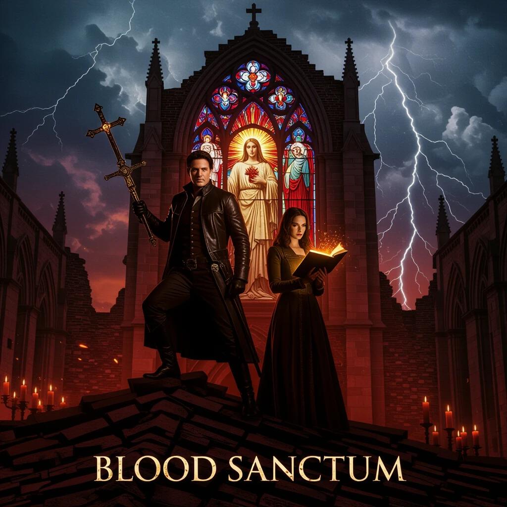 Pedro Pascal stands on crumbled roof of cathedral with cross-shaped weapon. Eva Green holds illuminated codex. Stained glass depicts radiant saint. Storm clouds and lightning above ruins. Gothic atmosphere and dramatic shadows.
