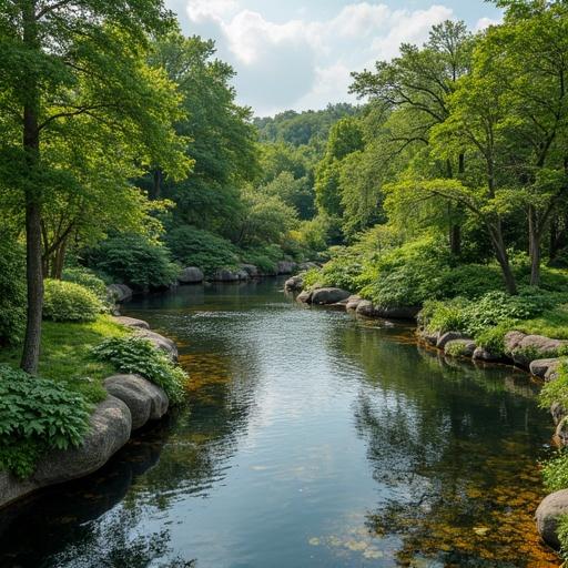 A tranquil pond surrounded by lush trees and rocks. The water reflects the greenery. The sun is shining through the clouds. The scene is peaceful and serene.