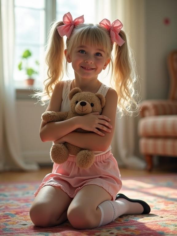 A girl with long blonde twin tails and pink bows kneels on a colorful rug. Her outfit includes a white crop top and a pale pink skirt with lace detail on her thigh-high socks. She holds a teddy bear and has a flushed smile. The living room has soft light and a cozy ambiance.