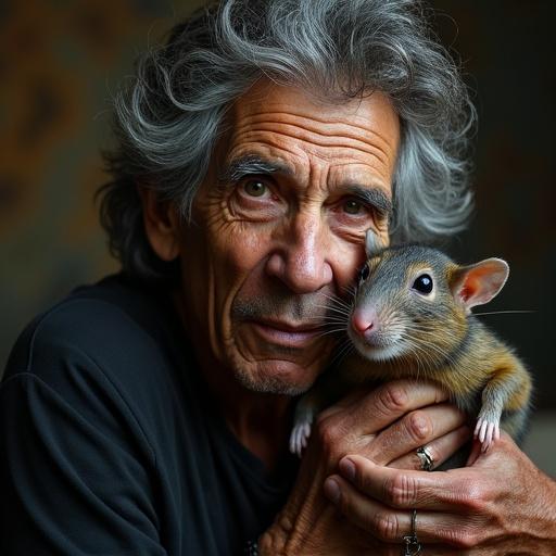 Keith Richards holds a rat in his hands. The setting suggests a casual atmosphere with a focus on the musician's connection to the pet. The image captures a unique and whimsical side of the artist.