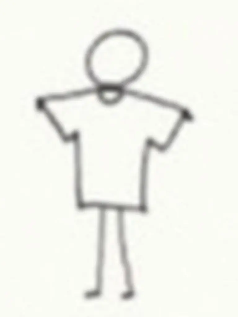 Doodle of stick figure with a round head pulling a shirt over its head.