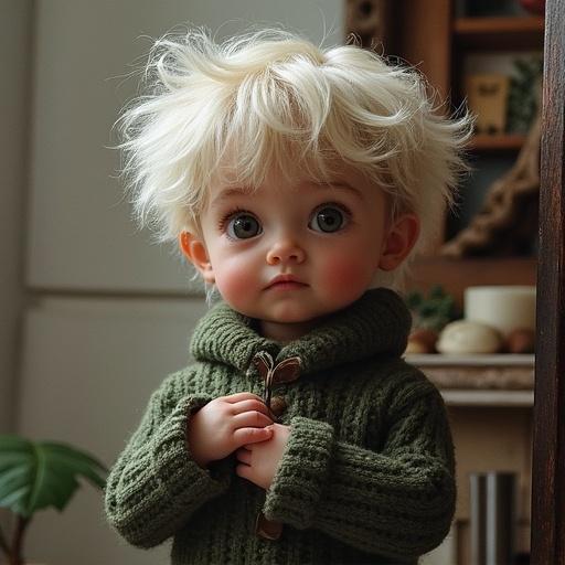 A cute child doll with fluffy blonde hair wearing a green sweater. The doll has big eyes and a soft expression. The setting includes natural light and warm colors.