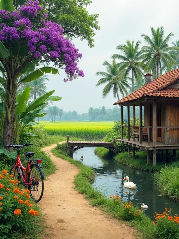 A narrow dirt path beside a stream. The stream has ducks swimming. A wooden house with red roof on stilts is nearby. Bright orange flowers line the path. A tree with purple flowers is to the left. Tall palm trees are scattered. A red bicycle leans against a banana tree. The sky is overcast and calm.
