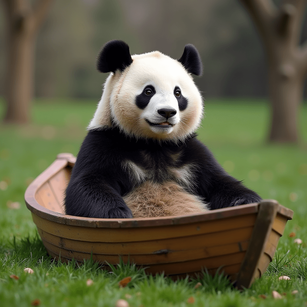 A panda bear is sitting in a small wooden boat on grass in a park.