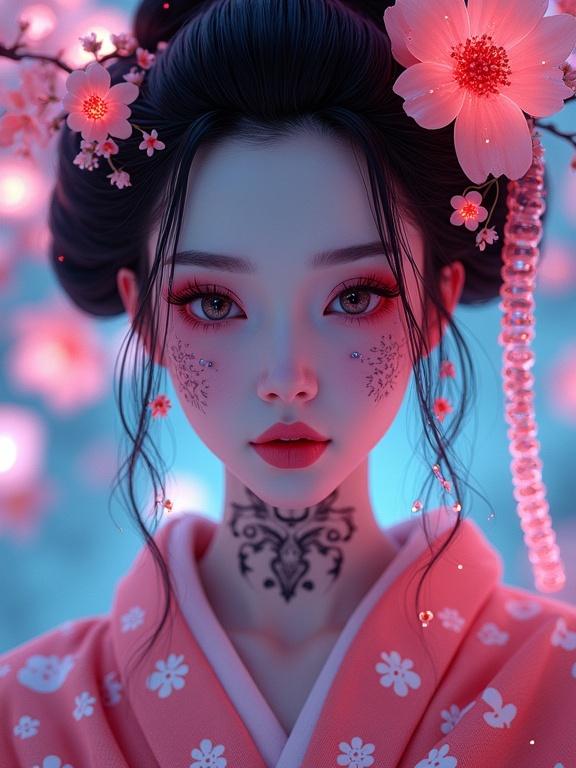 A stunning portrait of a geisha with cybernetic enhancements. Face features glowing tattoos and ornate kimono. Background includes neon-lit cherry blossoms and holographic koi fish. Digital illustration with high resolution.
