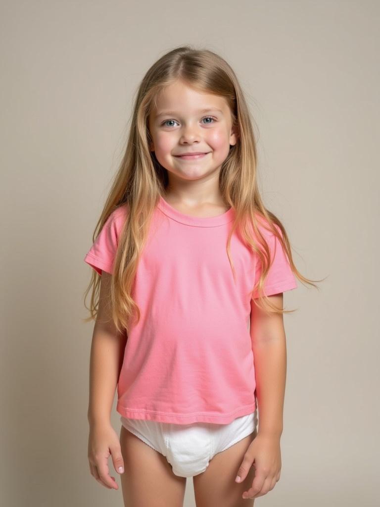 Nine year old girl has long blond hair. She stands against a neutral background. She wears a casual pink t-shirt and a diaper. She has a sweet playful expression. She looks very pretty.