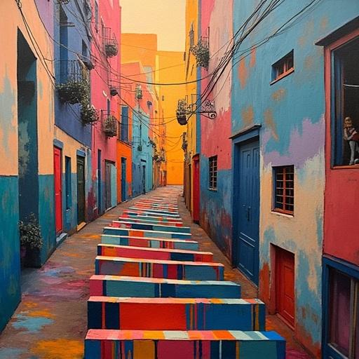 Vivid alleyway in Galería Telliskivi with colorful buildings. Benches placed along the street create a lively atmosphere. Floral elements add charm to the scene. Windows with people enhancing urban life.