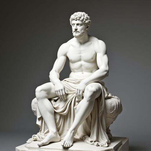 A detailed depiction of a white marble statue showing a muscular man sitting gracefully on a bench.