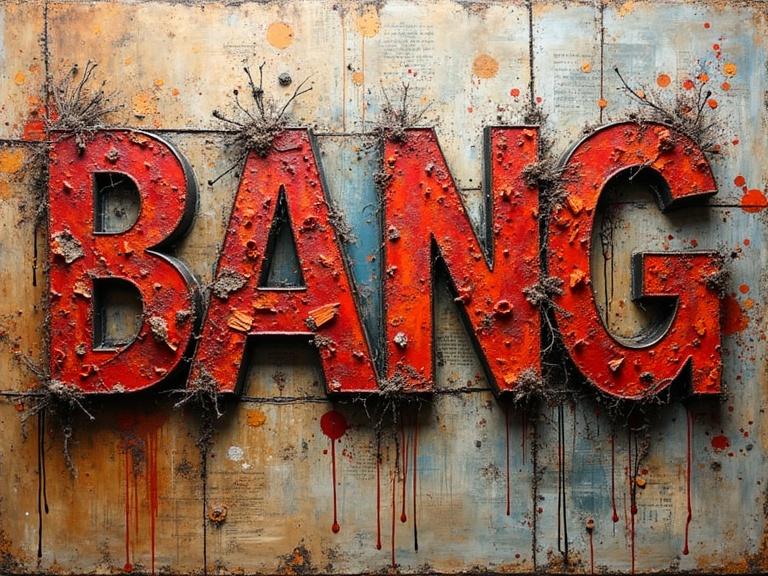 3D multi-layered text 'BANG' in a mixed media style. Features newspaper, jute fibres, and wood. Includes sand, glittering confetti, and origami elements. Has scratches and tears for texture.