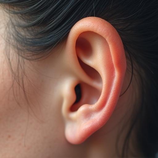 Close-up view of a human ear showing details. Soft skin texture visible. Side profile perspective.