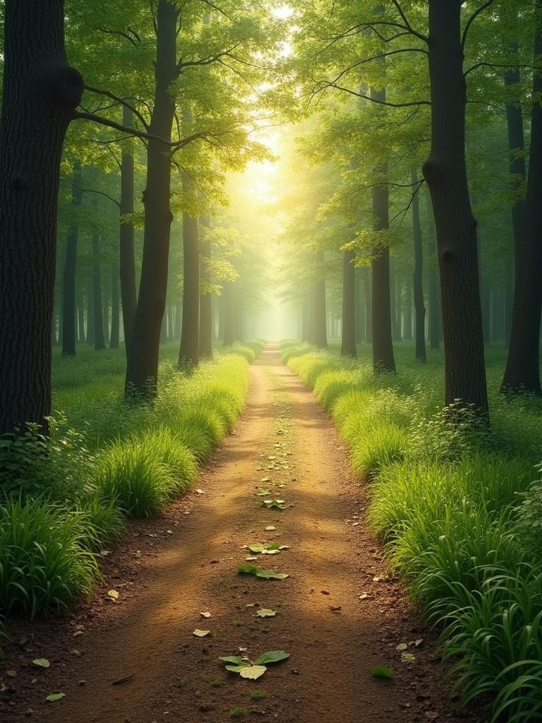 A serene path through a forest symbolizes surrendering the year to God. The scene shows a winding dirt path surrounded by tall trees and lush greenery. Soft light filters through the branches above, illuminating the way.