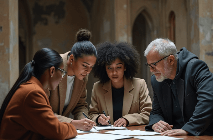 Four people are gathered around a table, intensely focused on documents and discussions, set in an atmospheric room with arched details.