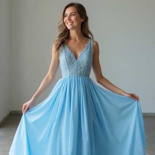 A woman wearing a blue wedding dress lifts her skirt and smiles.