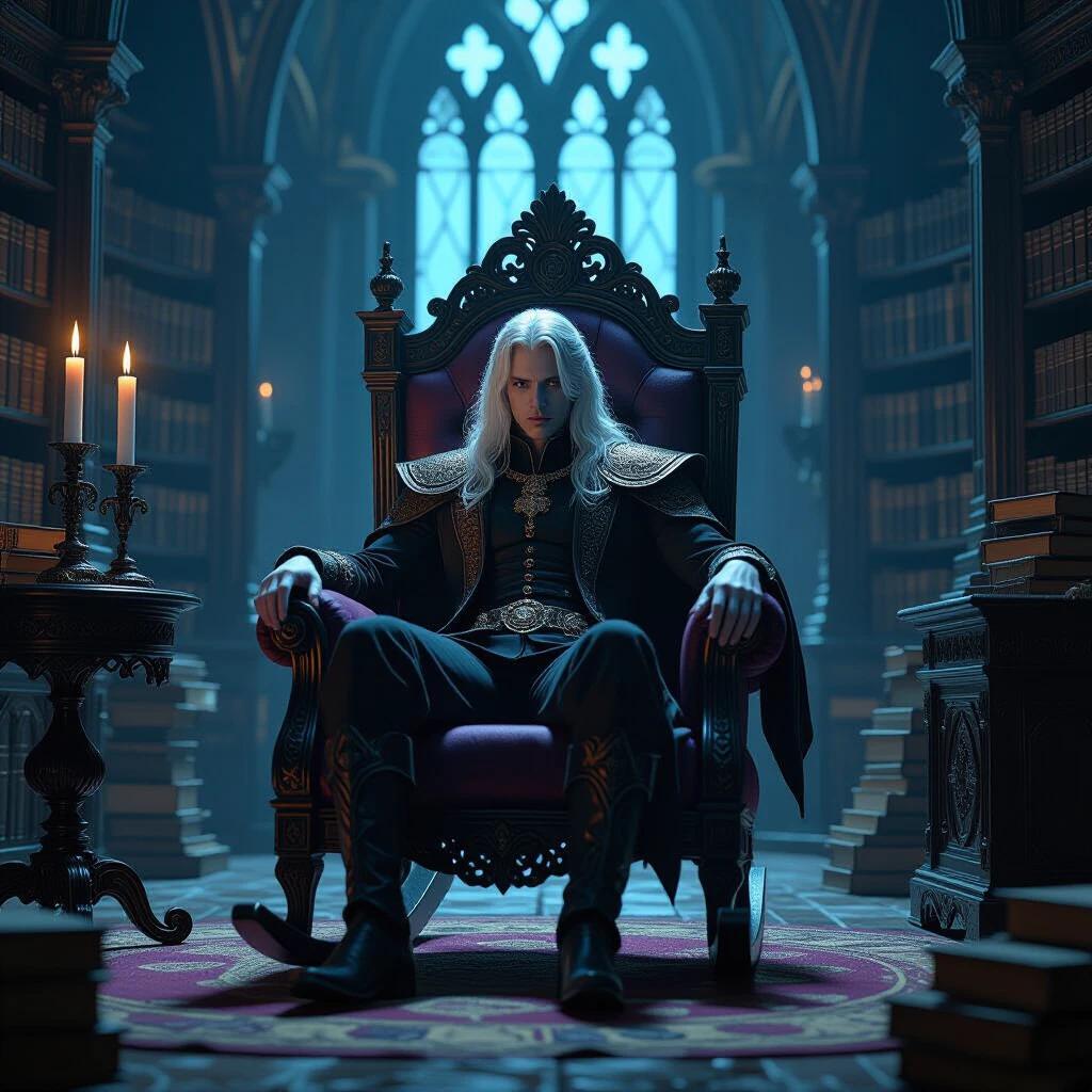 Mordred sits in an ornate rocking chair in a gothic chamber surrounded by ancient books and artifacts. Candles emit flickering light illuminating the scene with depth. The artwork is hyperdetailed and richly colored. Influences from Greg Rutkowski and Alphonse Mucha. Suitable for dark fantasy themes.