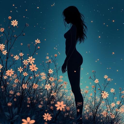 Abstract lighting effects creating a silhouette of a woman surrounded by flowers at night with starlight and shadows for contrast.