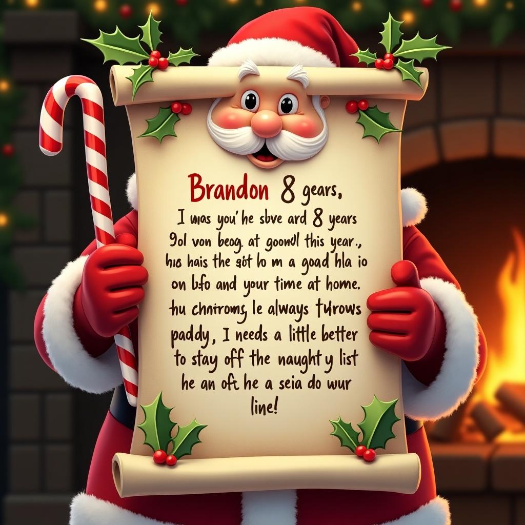 A letter from Santa Claus addressed to Brandon, an 8-year-old boy. The letter acknowledges his good behavior at school and his need to improve at home. The scroll is adorned with holly and candy canes. A cozy fireplace is in the background.