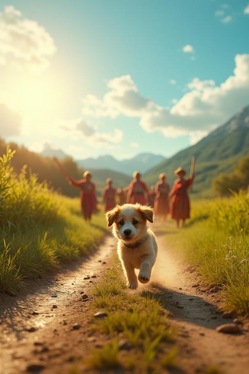 A breathtaking ultra-HD cinematic scene set on a village path. A small puppy runs with its tail down as villagers wave sticks. The puppy's detailed fur shows dust. The path has green fields and hills under a blue sky. Dynamic lighting with soft lens flares creates a beautiful scene. Bright earthy tones and colorful pops make it engaging.