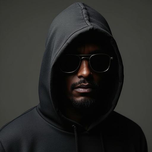 A man dressed in black with a hood, cap, and sunglasses appearing suspicious.