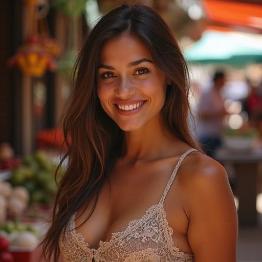 Portrait of a woman with brown hair at a vibrant market. She is smiling and wearing a stylish crochet top. The background features an array of fresh produce.