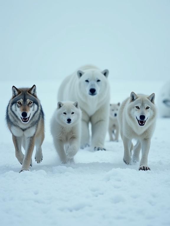 A pack of wolves walks forward through snow. Four polar bears approach them calmly. Snow blows across the landscape. Tension fills the air. Ultra-realistic wildlife scene with dramatic lighting.