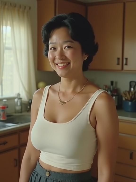 Still frame from a personal home video taken in 1995 featuring a smiling Japanese woman in a kitchen. She has an updo hairstyle and wears a tank top and skirt. The image has low resolution and over-saturated colors.