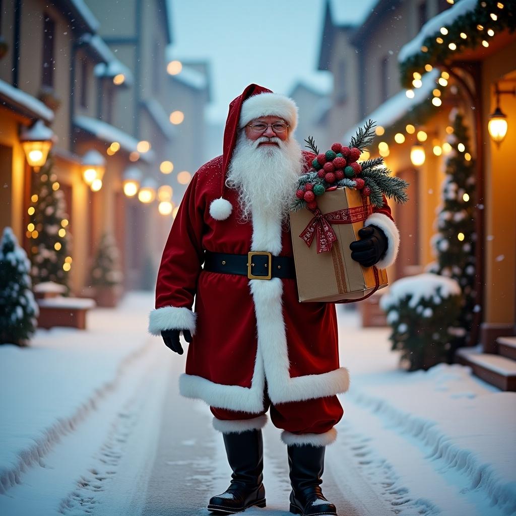 Santa Claus in traditional red attire with white trim holding gifts. Snowy street with charming buildings. Soft winter evening light. Cheerful and festive atmosphere perfect for the holiday season.