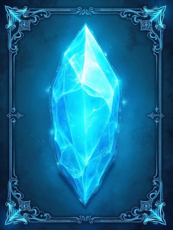 A simple fantasy card back design for a trading card game. Light blue design features an adventurous and whimsical theme. The glowing blue stone is centered, creating a beautiful symmetrical layout without text.