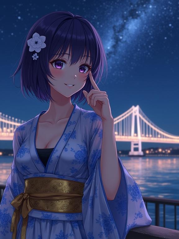 Anime style character with dark violet hair and striking eyes wearing a sheer kimono robe at night. She smiles subtly while touching her cheek. Background features bright bridge and luminous Milky Way over the sea.