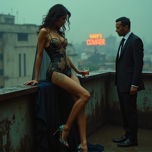 Rain-drenched Mumbai rooftop scene. Seductive Indian exotic dancer in tailored leather corset. Glistening stiletto heels. Silk cape embroidered with gemstone patterns. Peacock tattoo on thigh. Man in tailored suit staring up at the dancer. Neon sign glowing in the background. Tension hangs in the air.