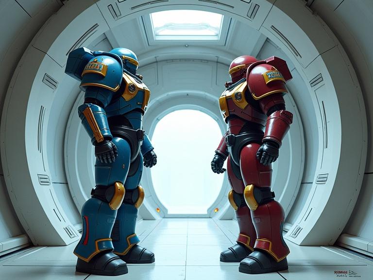 Image of a brightly lit starship airlock featuring two giant warriors in power armor. One warrior is in cobalt blue and gold armor; the other is in dark crimson and gunmetal armor. The setting has polished metal walls and a clean, sterile environment. Focus on the formal tension between the two characters.