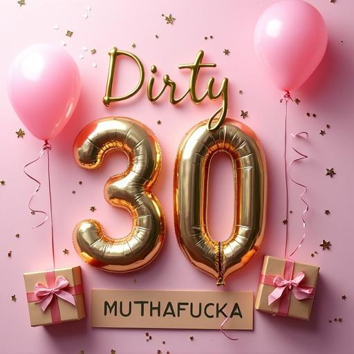 Create a birthday sign showcasing colors Pink Gold and Silver. Emphasize the text Dirty 30 MUTHAFUCKA in bold. Include balloons confetti and gifts with ribbons.