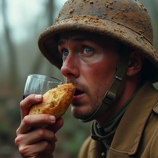 A French soldier wears a bread helmet. He holds a wine glass and gazes at the camera with trembling lips. The soldier raises his baguette-rifle and bites into it, crumbs falling. Tears flow down his mud-streaked face while he chews. Raindrops hit the wine glass creating splashes. Artillery flashes reflect in his pupils. The image has a cinematic style resembling 'Saving Private Ryan'.