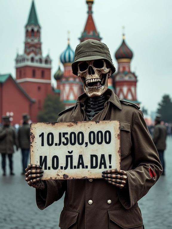 Skeleton in charred military uniform on Red Square. Holding sign with text in bold letters. Background shows Kremlin and Saint Basil's Cathedral. Dark and eerie atmosphere.