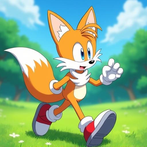 Miles Tails Prower character depicted in anime style walking on lush grass. Green trees in background, bright blue sky, and colorful appearance.