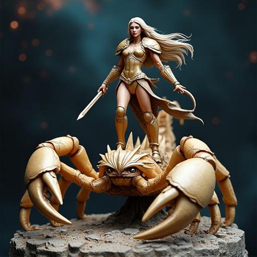Female figure inspired by Scorpio riding giant scorpion. She wears shining armor with scorpion details. Strong stance with curved spear. Scorpion is majestic with realistic texture. Scene features cosmic background and mystic details in a resin sculpture style.