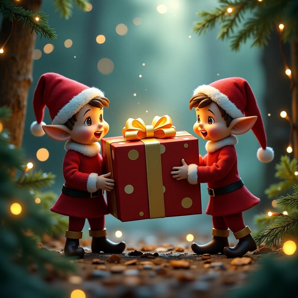 The image portrays two adorable elves joyfully exchanging a beautifully wrapped present. Both elves are dressed in festive red outfits and merry hats, embodying the spirit of Christmas. They stand amidst a serene, enchanted forest, surrounded by twinkling lights. The warm glow in the background enhances the magical atmosphere. Their cheerful expressions reflect excitement and joy. This scene captures the essence of holiday giving and childhood wonder.